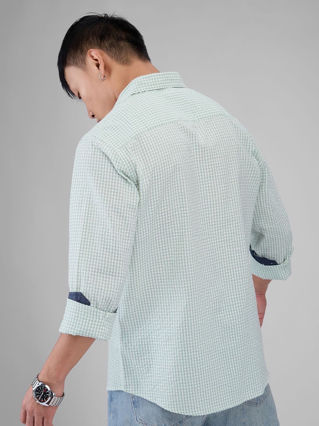 Mint Green Tiny Checkered Seersucker Shirt