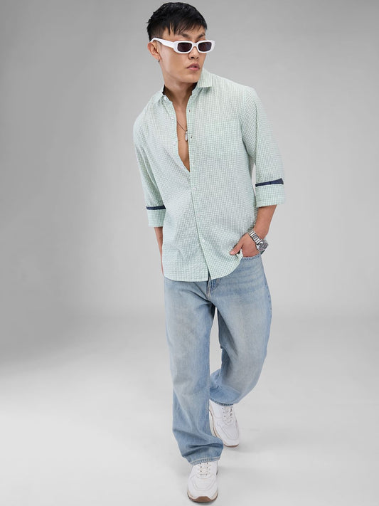 Mint Green Tiny Checkered Seersucker Shirt