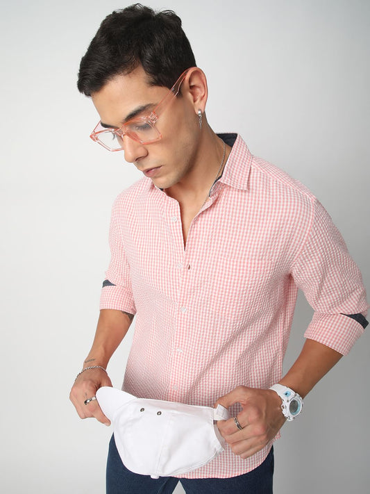 Tiny Checkered Pink Seersucker Shirt
