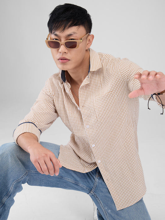 Tiny Tan Checkered Seersucker Shirt