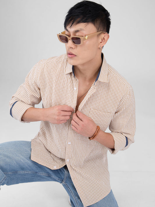 Tiny Tan Checkered Seersucker Shirt