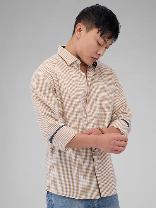Tiny Tan Checkered Seersucker Shirt