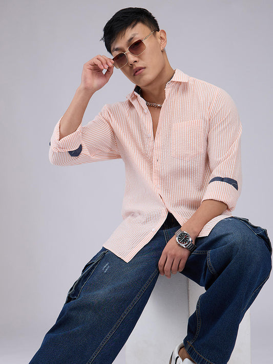 Peach & White Candy Striped Seersucker Shirt