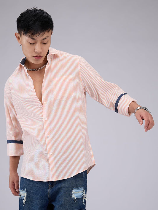 Peach & White Candy Striped Seersucker Shirt