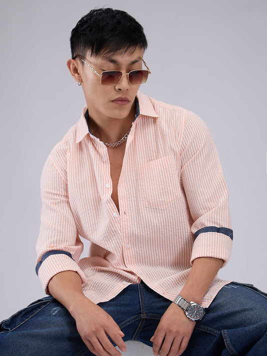 Peach & White Candy Striped Seersucker Shirt