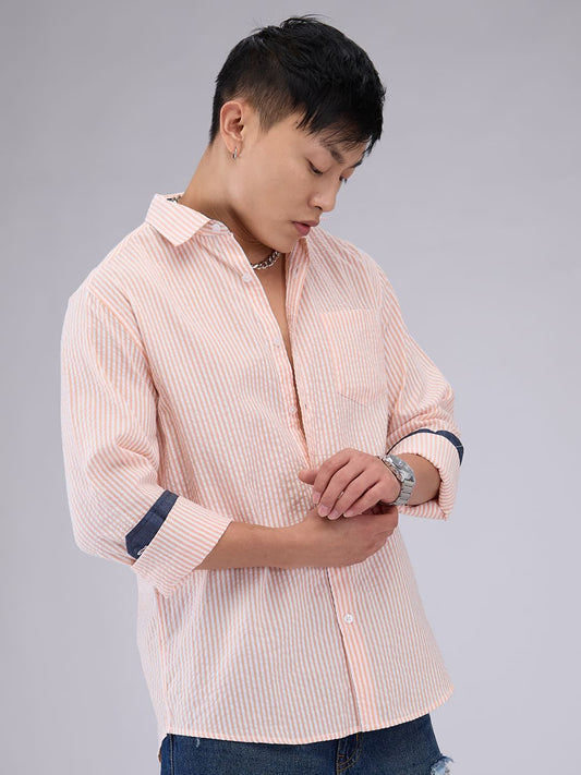 Peach & White Candy Striped Seersucker Shirt