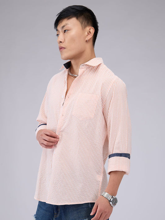 Peach & White Candy Striped Seersucker Shirt
