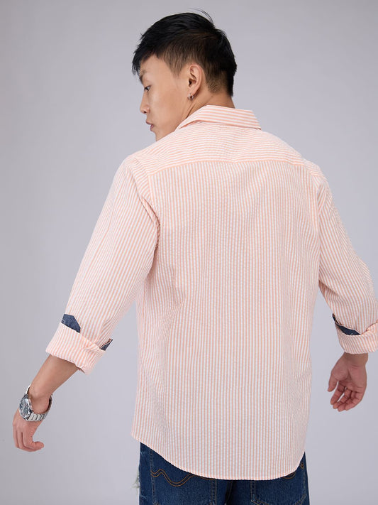 Peach & White Candy Striped Seersucker Shirt