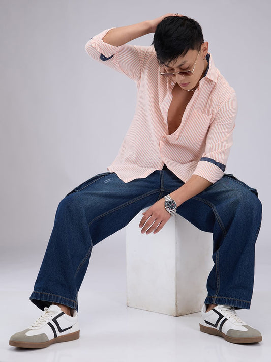 Peach & White Candy Striped Seersucker Shirt