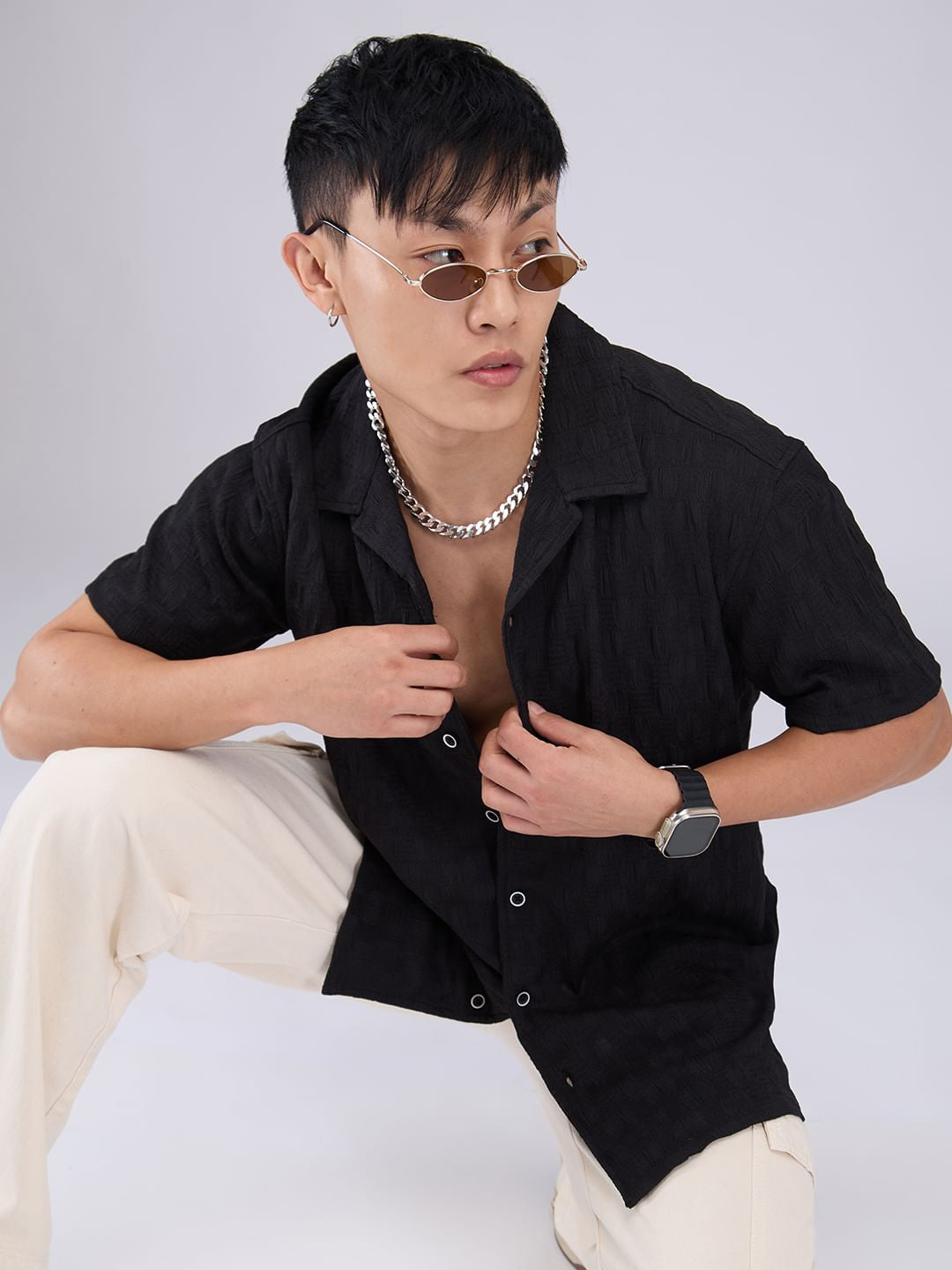 Black Crepe Textured Oversized Shirt