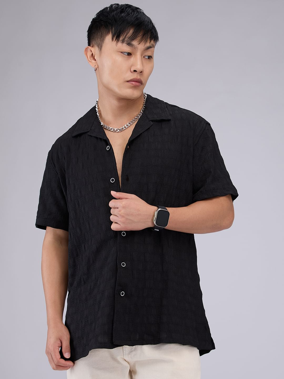 Black Crepe Textured Oversized Shirt