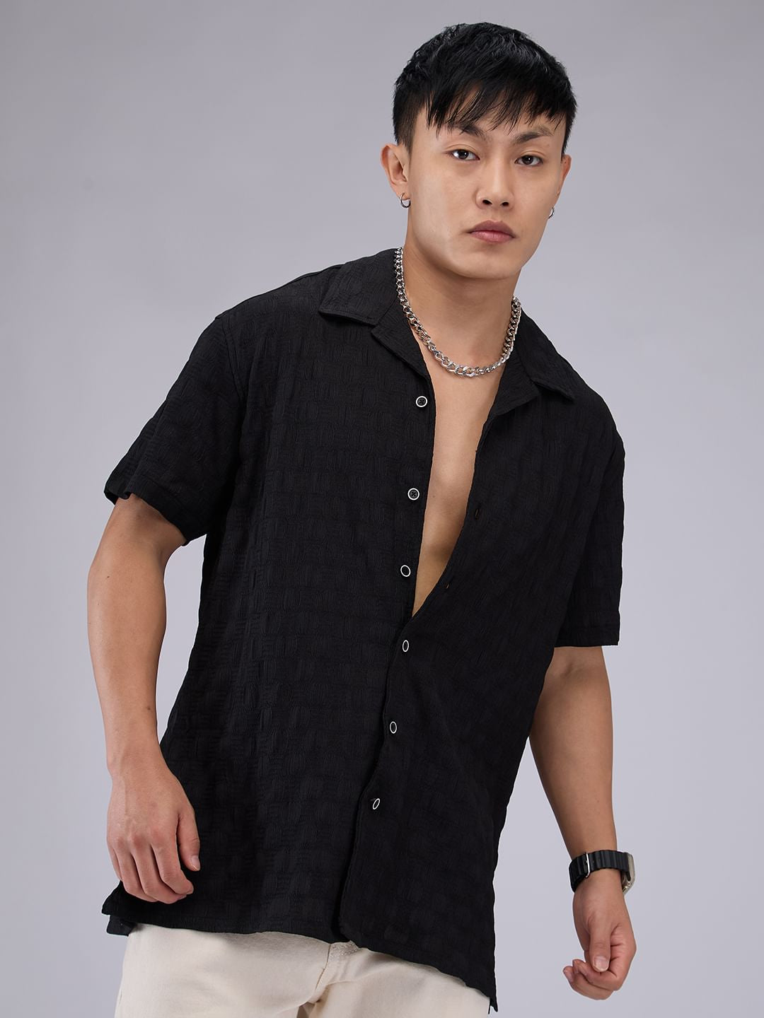 Black Crepe Textured Oversized Shirt