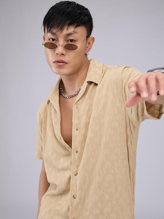 Tan Beige Crepe Textured Oversized Shirt