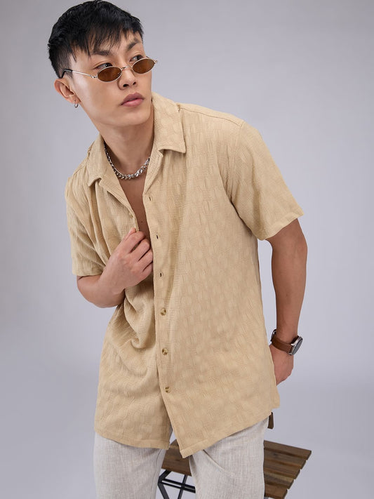 Tan Beige Crepe Textured Oversized Shirt
