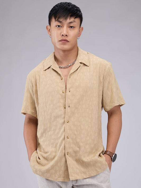 Tan Beige Crepe Textured Oversized Shirt