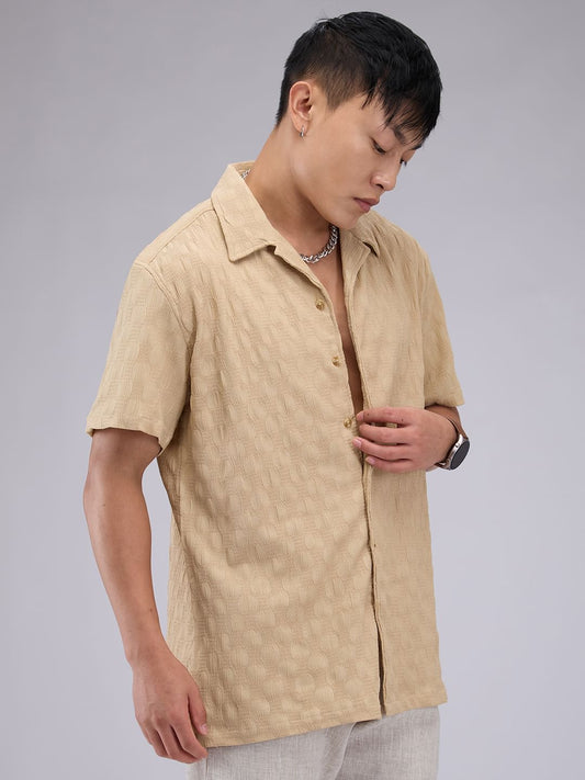Tan Beige Crepe Textured Oversized Shirt