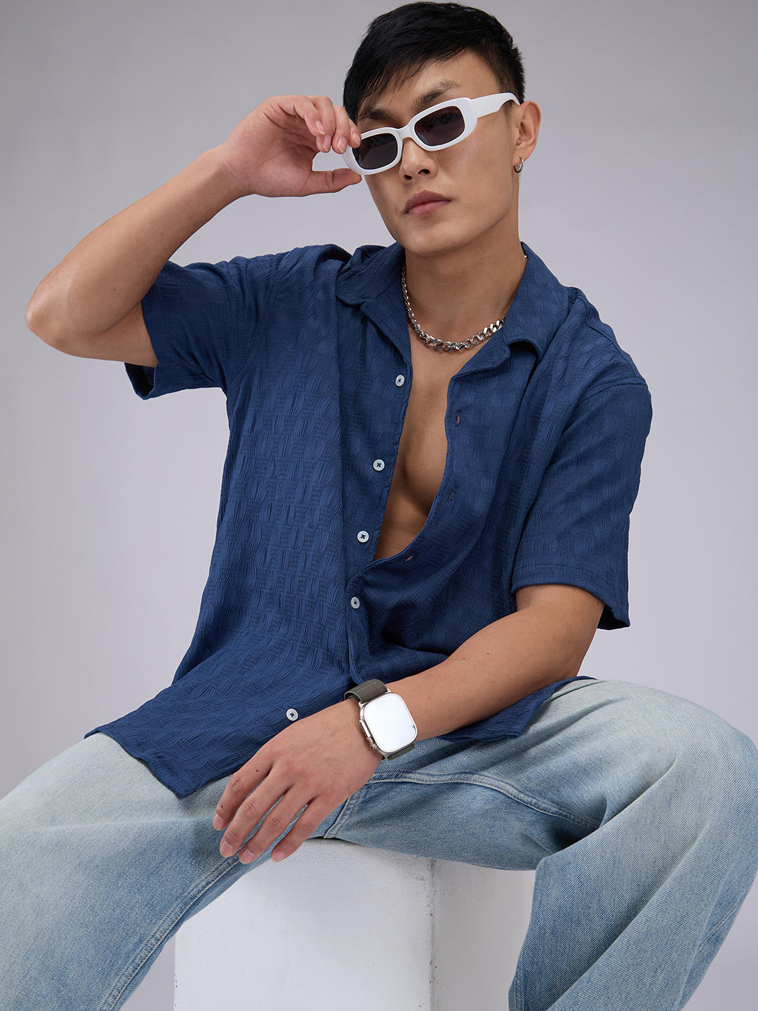 Blue Crepe Textured Oversized Shirt