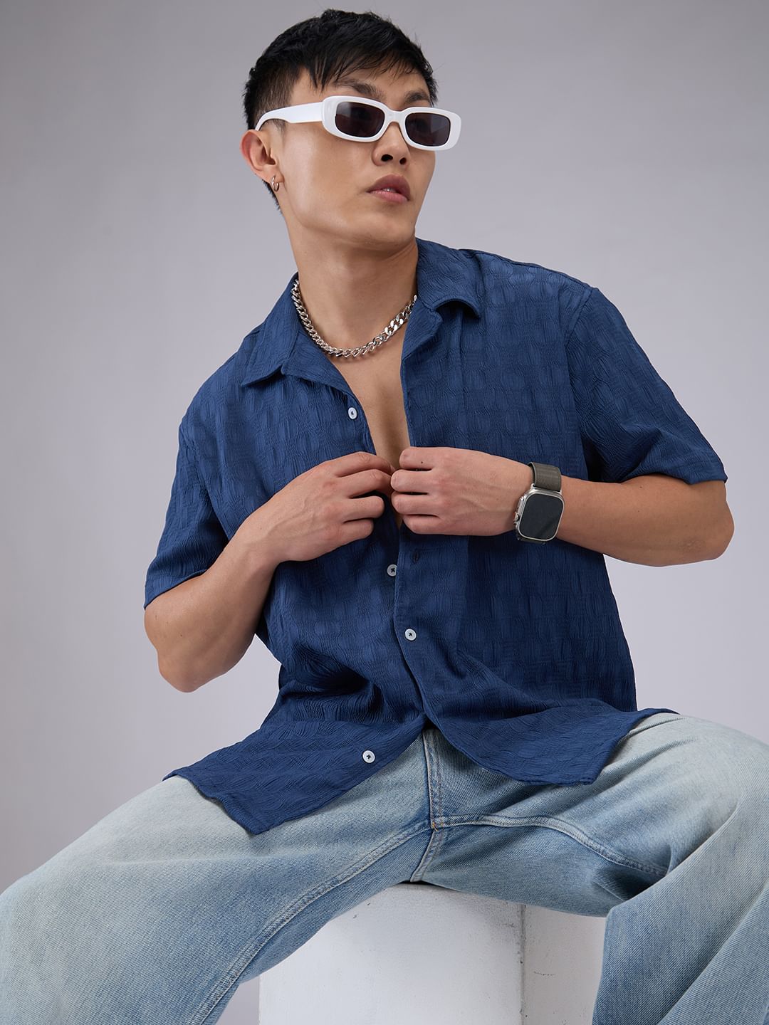 Blue Crepe Textured Oversized Shirt