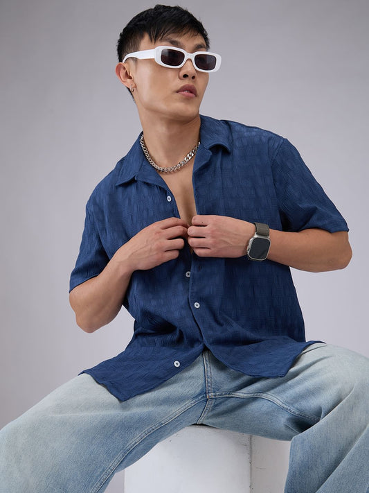 Blue Crepe Textured Oversized Shirt