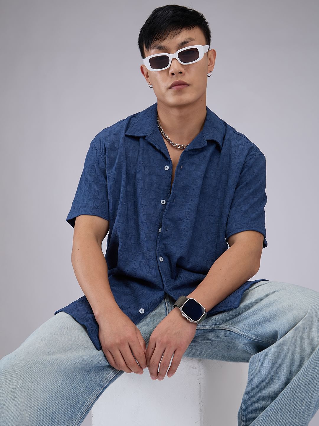 Blue Crepe Textured Oversized Shirt