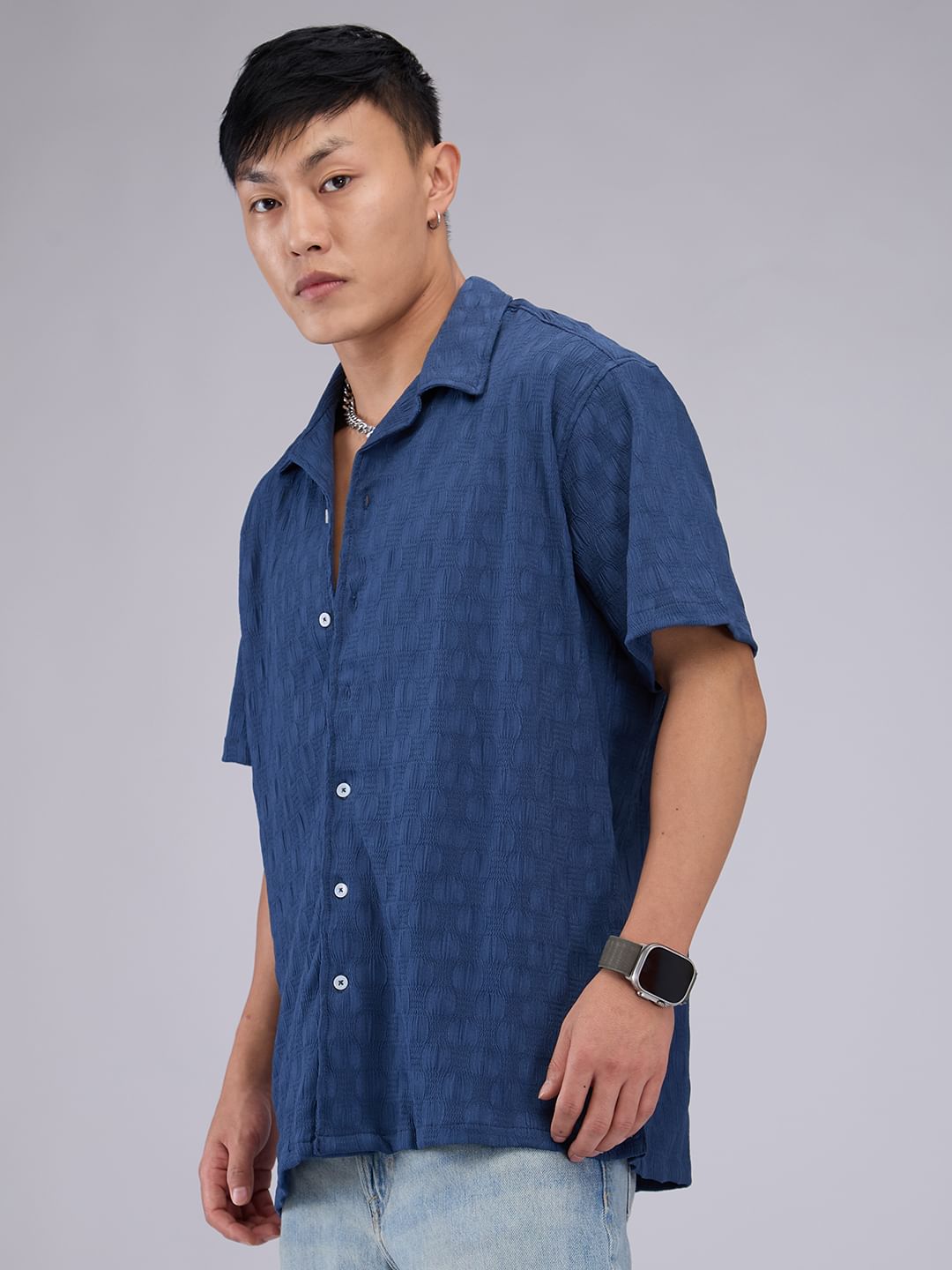 Blue Crepe Textured Oversized Shirt