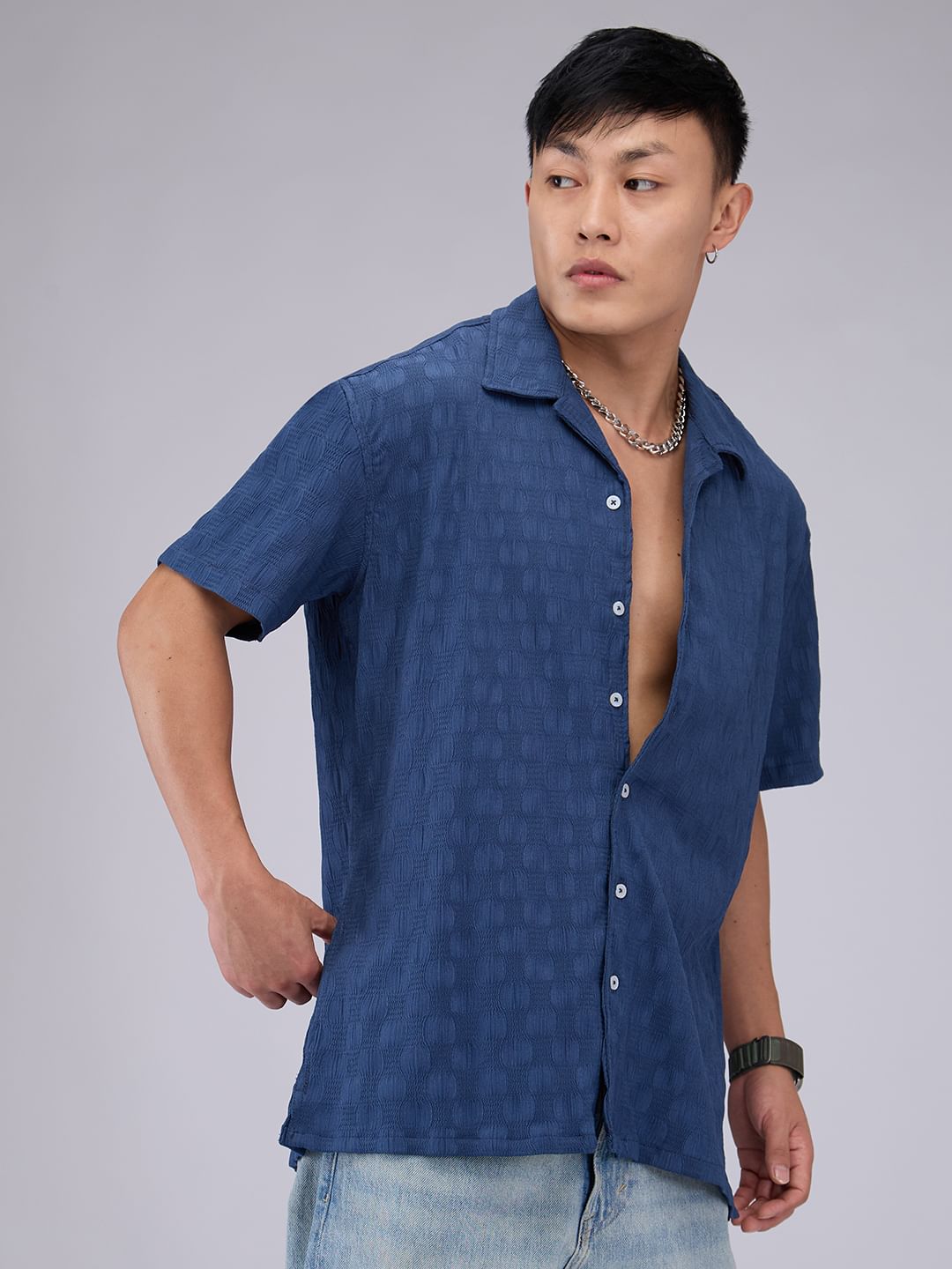 Blue Crepe Textured Oversized Shirt