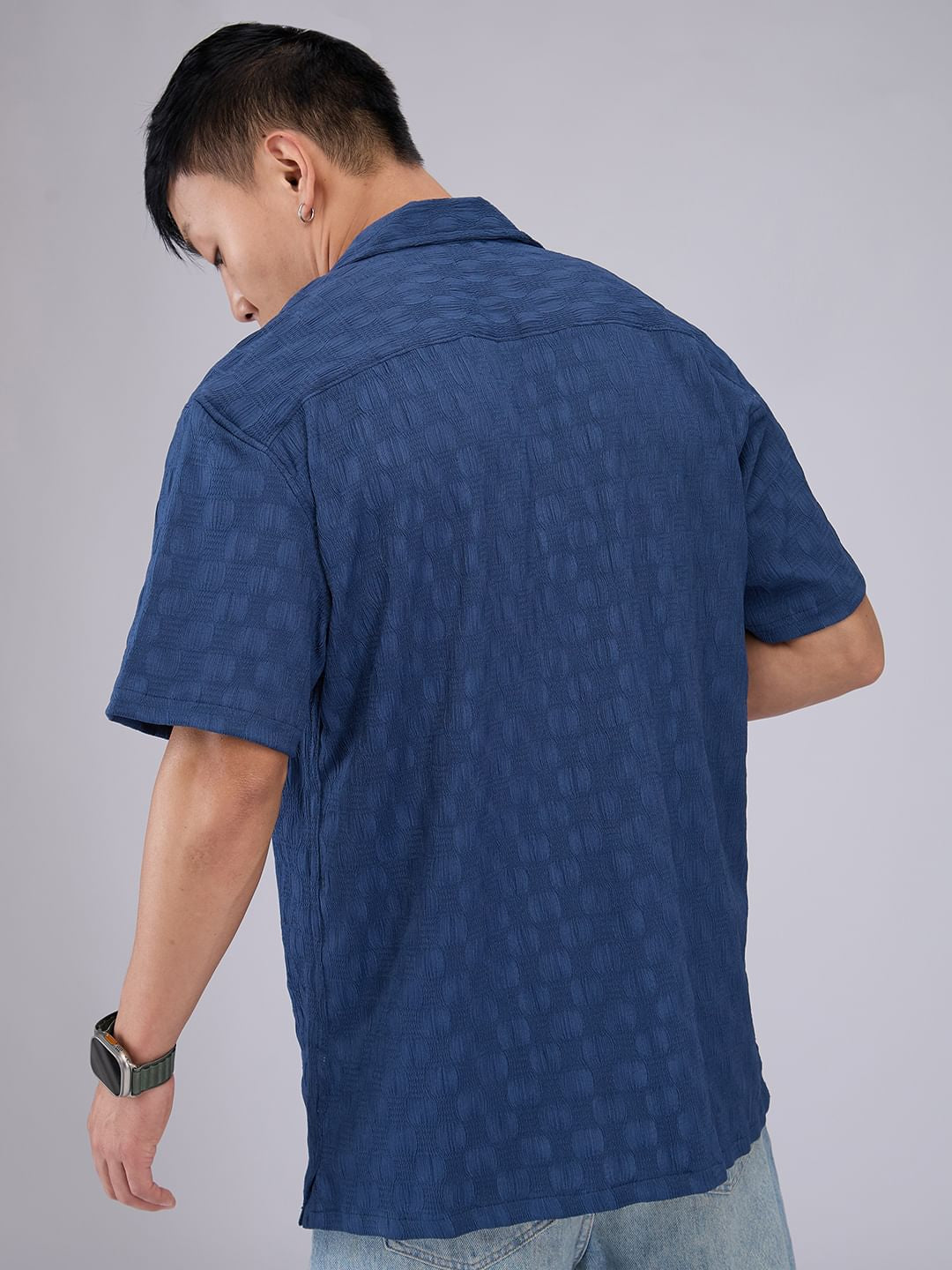 Blue Crepe Textured Oversized Shirt