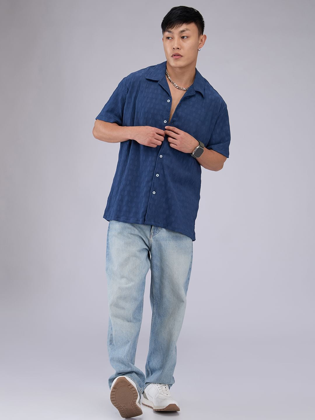 Blue Crepe Textured Oversized Shirt