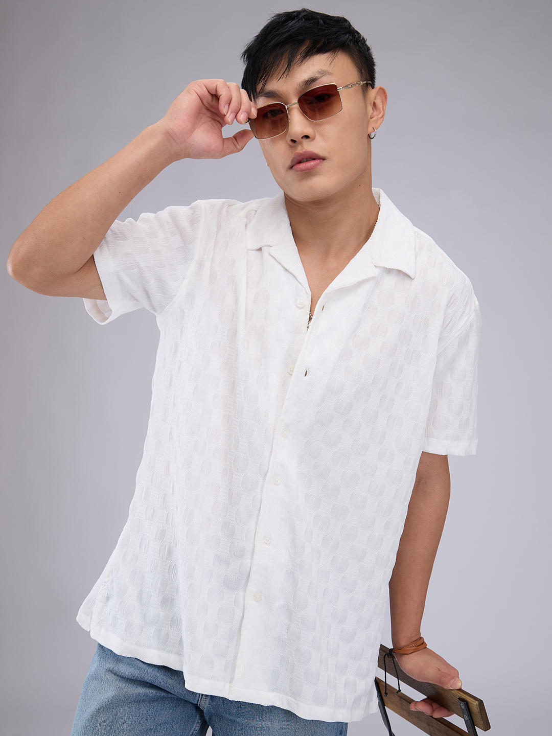 White Crepe Textured Oversized Shirt