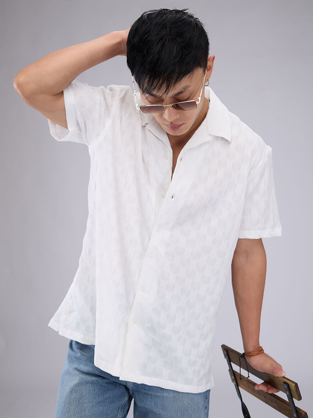 White Crepe Textured Oversized Shirt