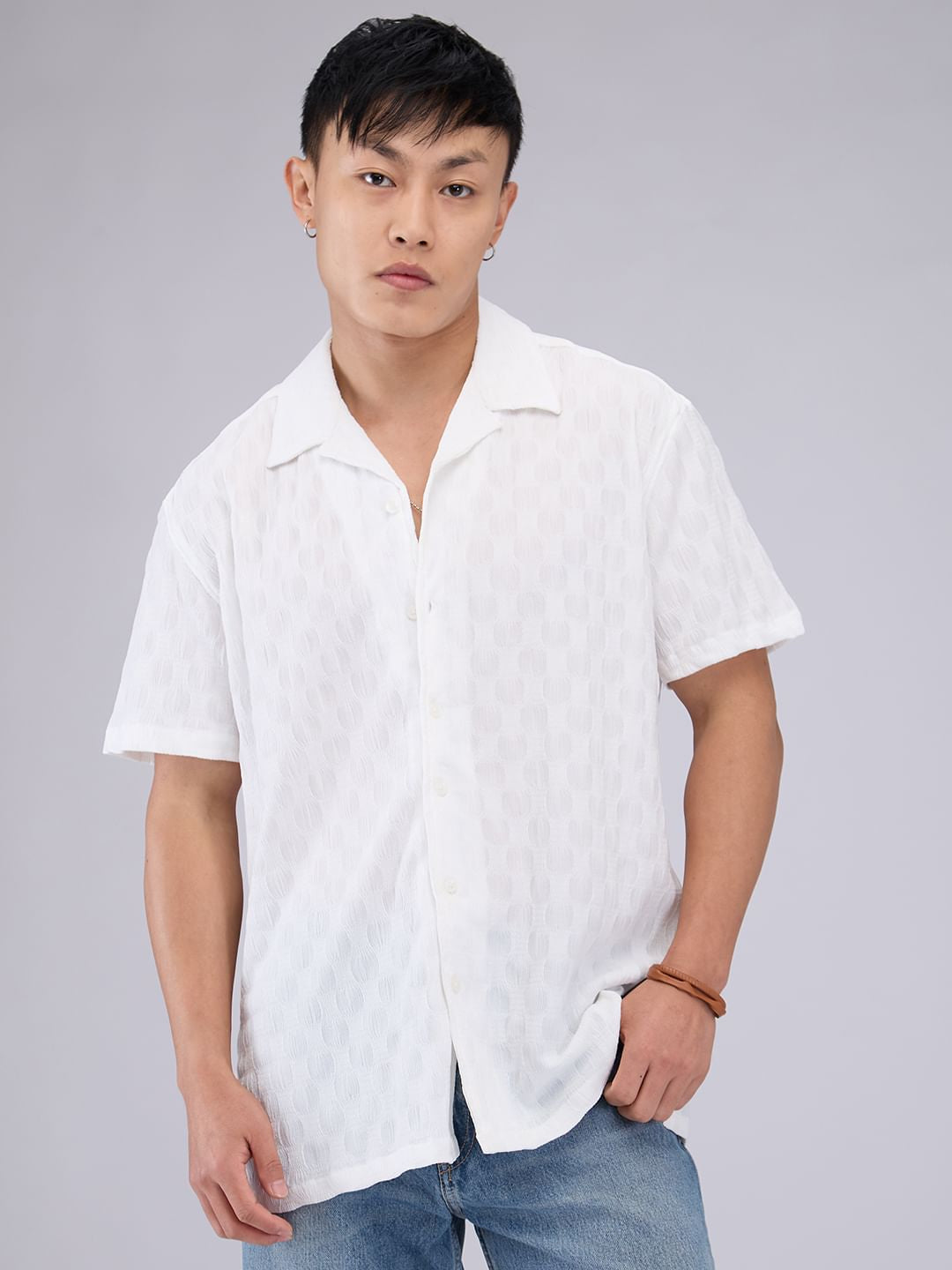 White Crepe Textured Oversized Shirt