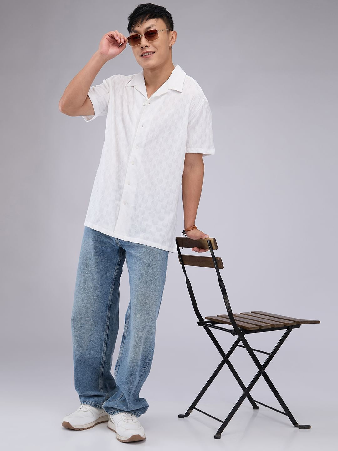 White Crepe Textured Oversized Shirt