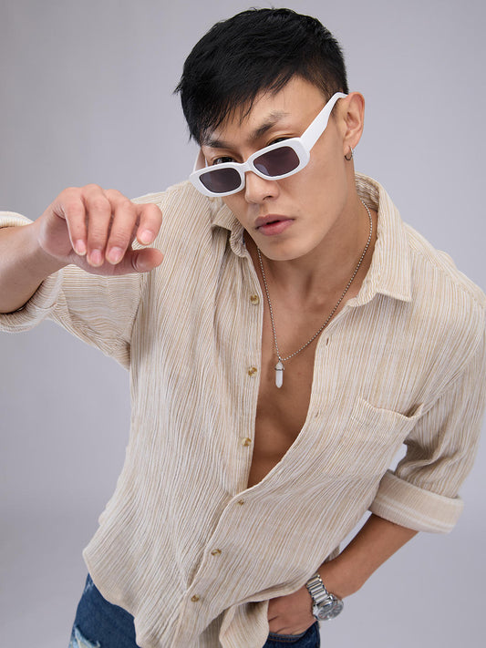 Premium Cotton Beige Double Cloth Line Striped Crepe Shirt