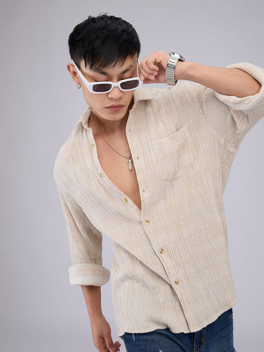 Premium Cotton Beige Double Cloth Line Striped Crepe Shirt