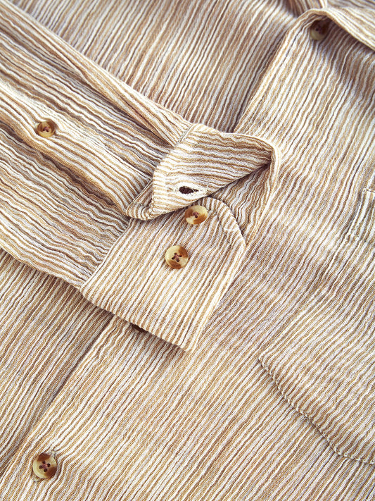 Premium Cotton Beige Double Cloth Line Striped Crepe Shirt