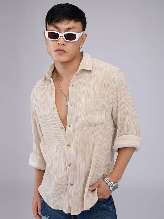 Premium Cotton Beige Double Cloth Line Striped Crepe Shirt