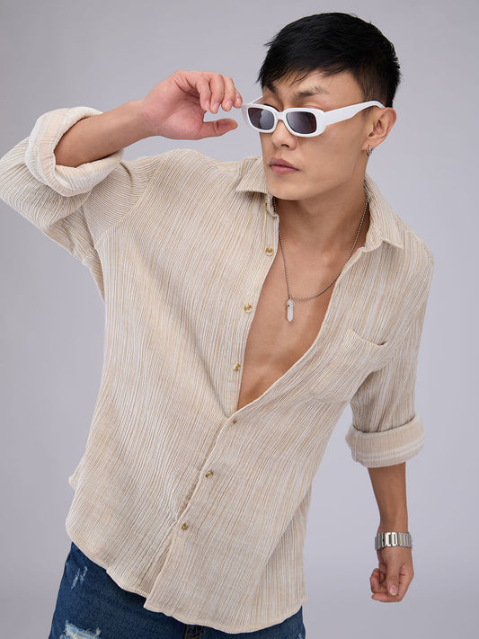 Premium Cotton Beige Double Cloth Line Striped Crepe Shirt
