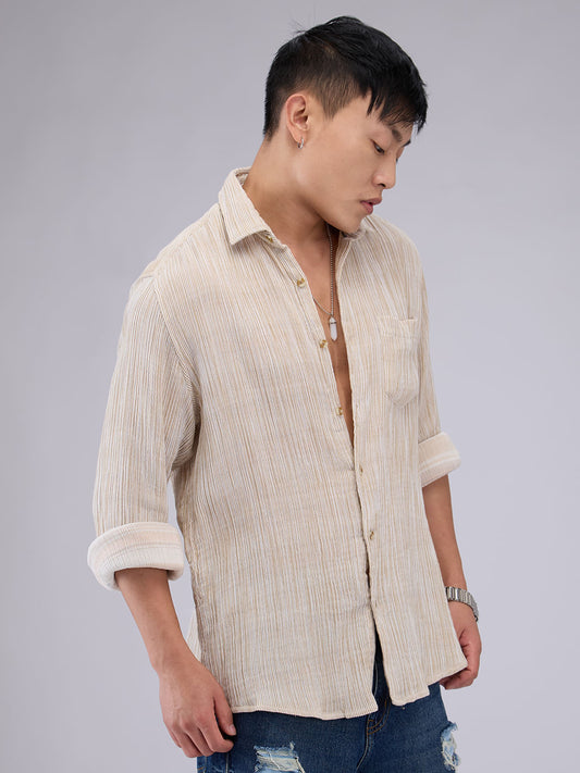 Premium Cotton Beige Double Cloth Line Striped Crepe Shirt