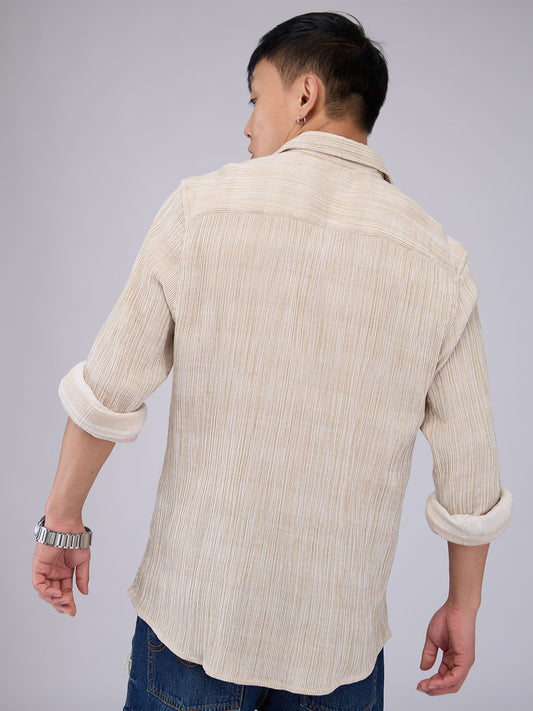 Premium Cotton Beige Double Cloth Line Striped Crepe Shirt