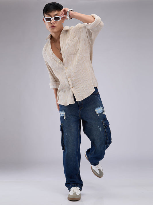 Premium Cotton Beige Double Cloth Line Striped Crepe Shirt