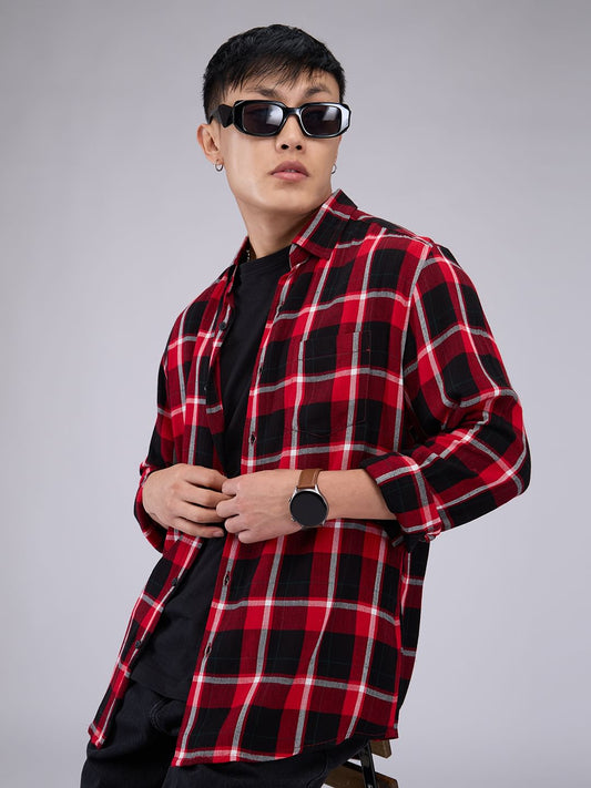 Premium Cotton Red & Black Tartanique Check Crepe Shirt