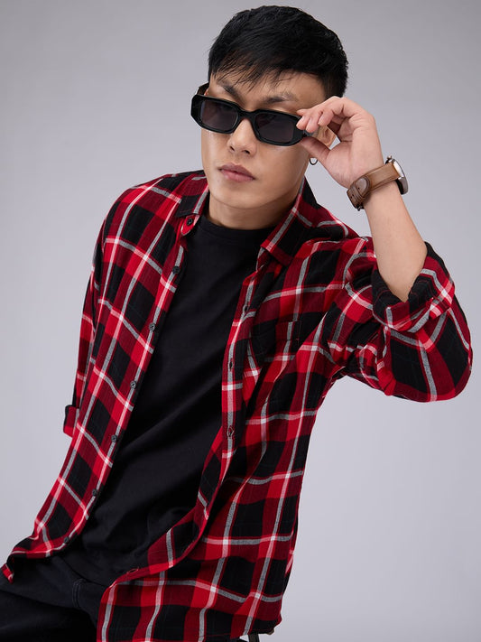 Premium Cotton Red & Black Tartanique Check Crepe Shirt