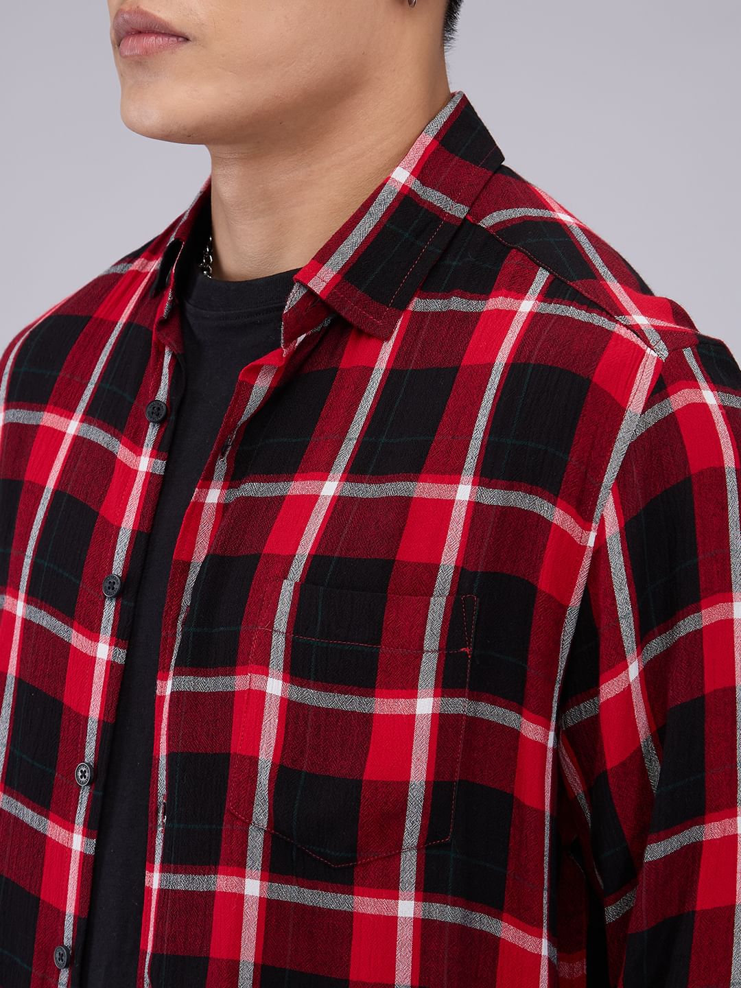 Premium Cotton Red & Black Tartanique Check Crepe Shirt