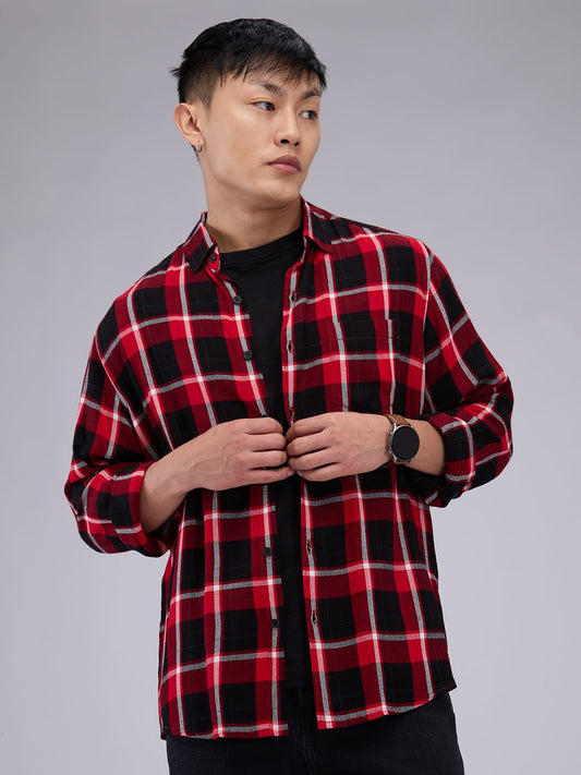 Premium Cotton Red & Black Tartanique Check Crepe Shirt