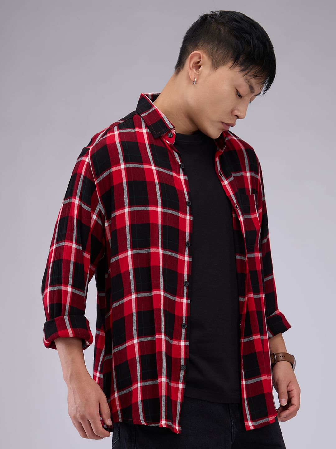 Premium Cotton Red & Black Tartanique Check Crepe Shirt