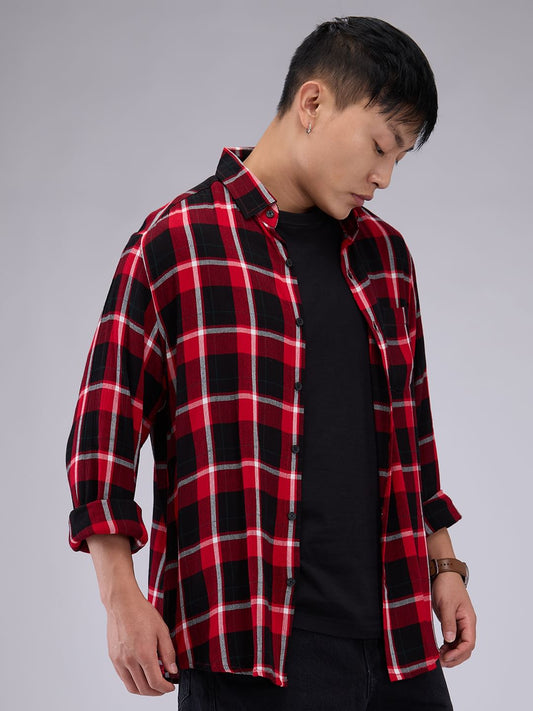 Premium Cotton Red & Black Tartanique Check Crepe Shirt