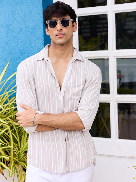 Premium Beige Awning Striped Crepe Shirt