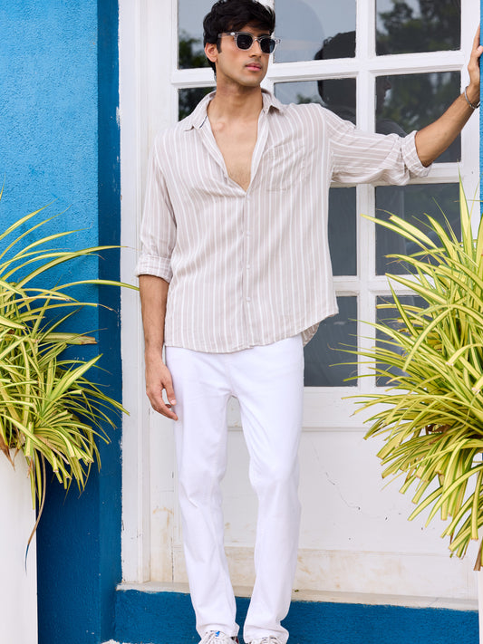 Premium Beige Awning Striped Crepe Shirt