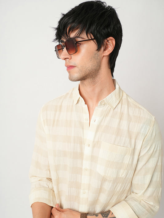 Premium Cotton Ivory Broad Checked Crepe Shirt