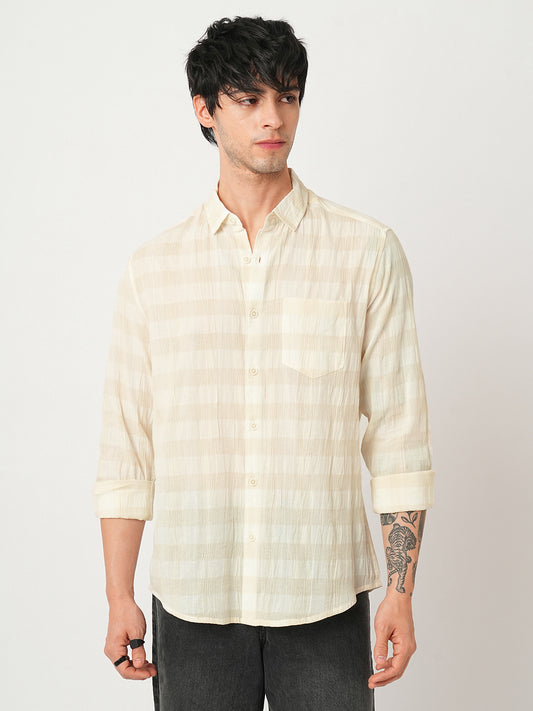 Premium Cotton Ivory Broad Checked Crepe Shirt